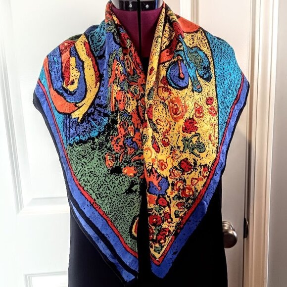 Abstract Chagall Multicolor Print Square Silk Jacquard Scarf - Picture 1 of 5